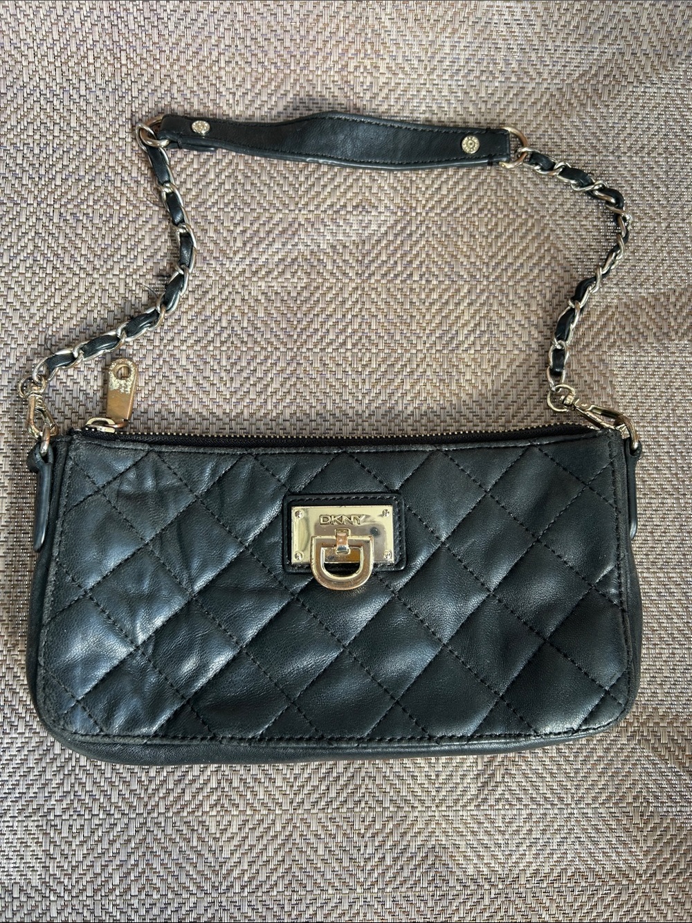 DKNY Y2K vintage Black Quilted Leather small Shoulder Bag with Gold Hardware.